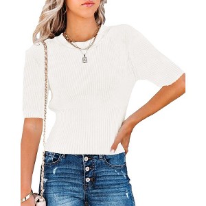 Womens Short Sleeve Sweaters Tops Crewneck Ribbed Pullover Shirt Soft Slim Fit Knit Sweater Blouse - 1 of 4