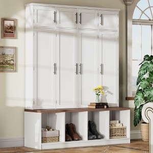 The Misty Moon Farmhouse White Hall Tree with 4 Hidden Hanging Hooks and Versatile Walnut Seating Bench with 8 Doors - 1 of 4