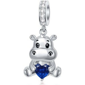 Sterling Silver Hippo Charm with 12 Birthstones - Animal Bead for Bracelets, Gift for Hippo Lovers - 1 of 4