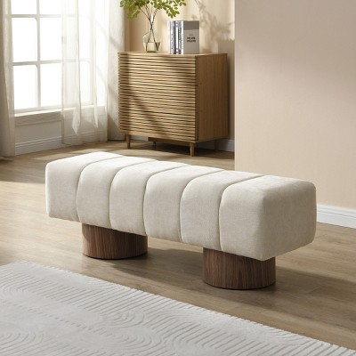 Chenille Fabric Upholstered Accent Bench with Round Wood Legs,Rectangular End of Bed Ottoman,Modern Bedroom or Entryway Bench-Coolbibila