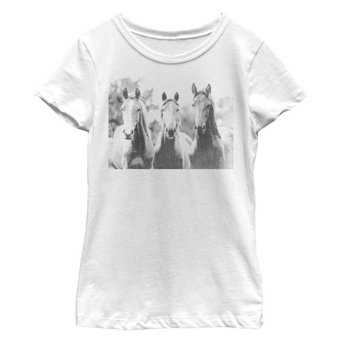 LOST GODS Girl's Lost Gods Black and White Horses T-Shirt - White - Medium