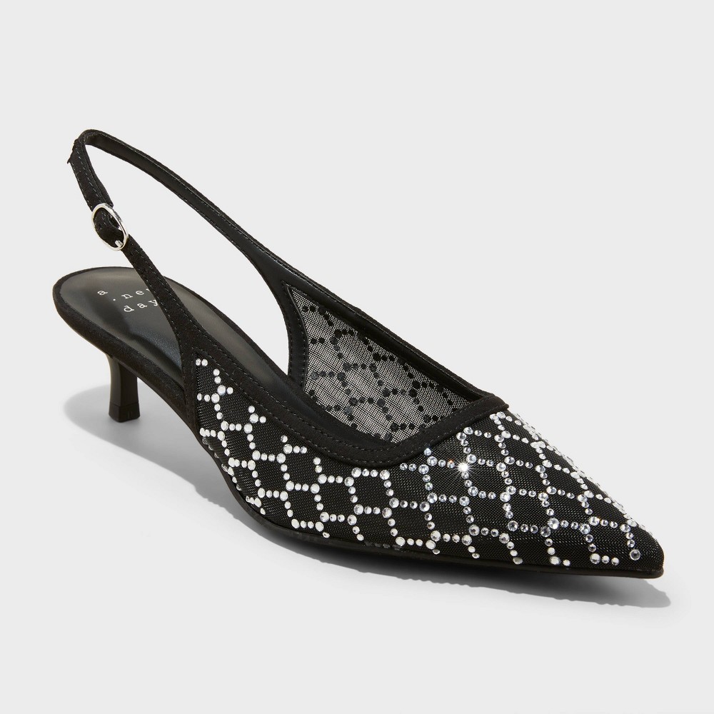 Women's Gigi Embellished Slingback Kitten Heels - A New Day™ Black 7