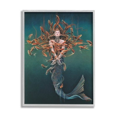 Stupell Industries Mermaid Fish Swirling Painting Framed Giclee Art