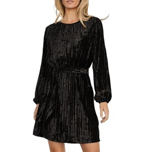 Women's Velvet Dress Fall Fashion Lantern Sleeve High Waist A-Line Skater Cocktail Party Dresses with Belt - 1 of 4