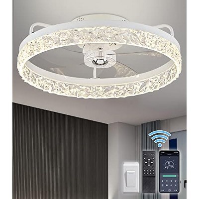 Siljoy 20" Flush Mount Ceiling Fan with Lights & Remote, 6 Speeds, Low Profile Caged Bladeless Fan, Dimmable for Bedroom,