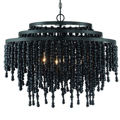 Matte Black Crystal Cascade 6-Light Chandelier with Black Wood Beads