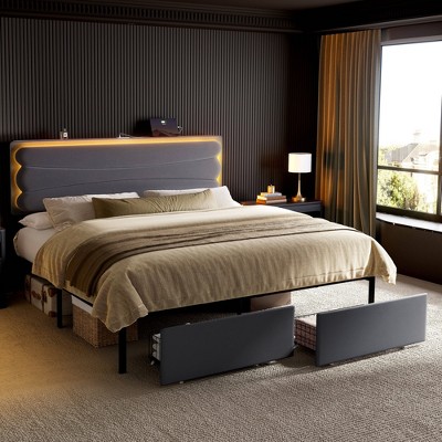 WOWLIVE Upholstered Bed Frame with Adjustable Headboard and 2 Storage Drawers, Velvet Platform Bed Frame with Charging Station and LED, Beige & Grey