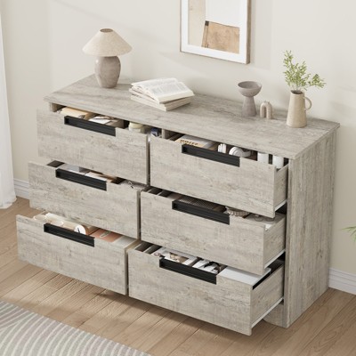 6 Drawer Dresser for Bedroom, Grey Double Dresser Organizer with Embedded Handles Design, Wooden Chest of Drawers for Living Room Nursery Hallway