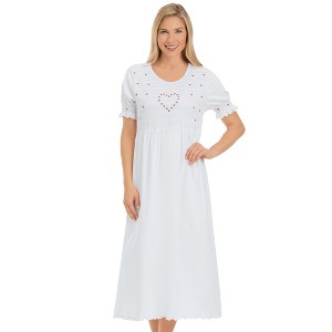 Collections Etc Smocked Bust Embroidered Floral Heart Short Sleeve Nightgown - 1 of 4