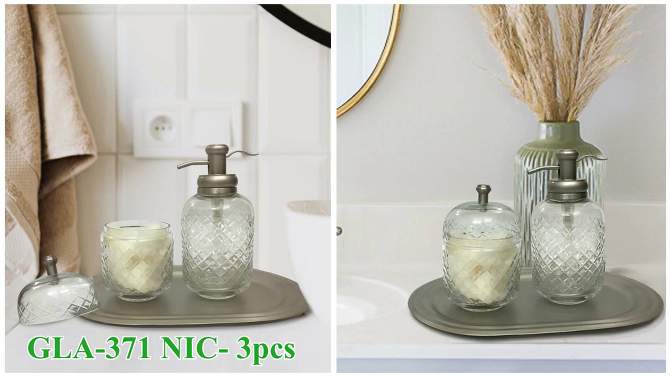 Set of 3 Emory Vintage Glass Plated Soap Pump &#38; Q-tip Jar set with Vanity Tray Pewter - Nu Steel, 2 of 9, play video
