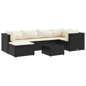 vidaXL 7 Piece Patio Lounge Set - PE Rattan/Steel, Cushioned Seats with Glass Tabletop, Black, Modular, Garden/Outdoor Furniture - 1 of 4