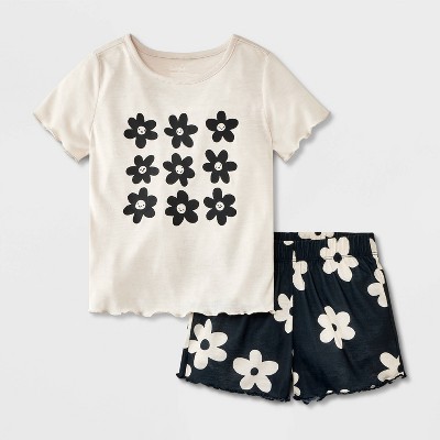 Girls' 2pc Daisies Short Sleeve Pajama Set - Cat & Jack™ Black/Cream S