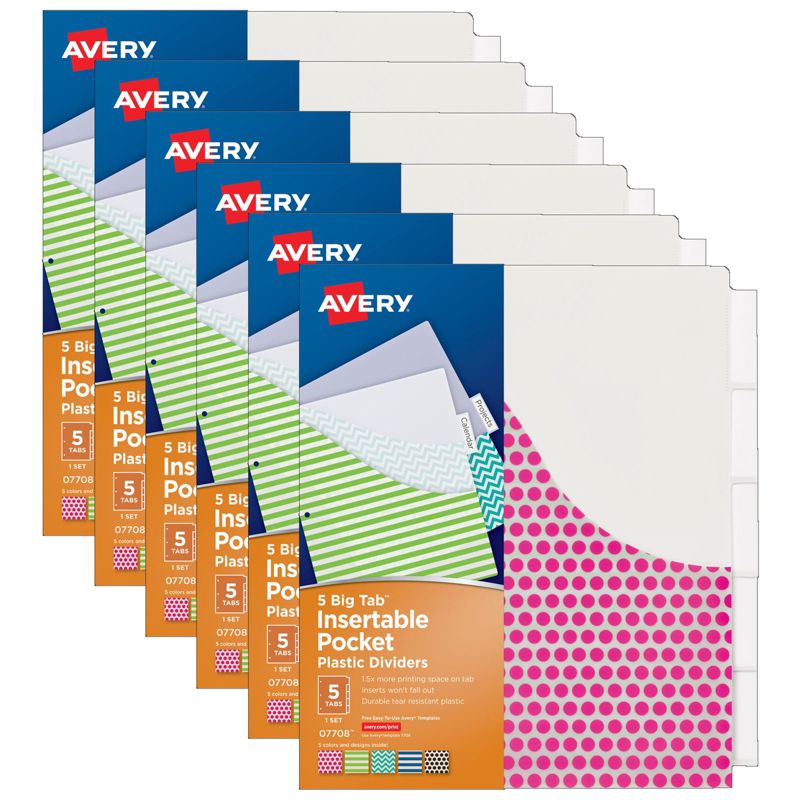 Avery® Big Tab™ Insertable Plastic Dividers with Pockets, 5-Tab Set, Assorted Designs, 6 Sets, 1 of 3
