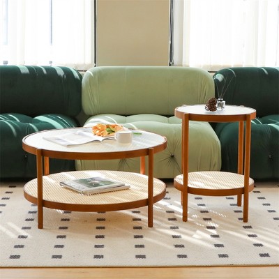 Small Coffee Table Set of 2, Wooden Round Coffee End Table, Farmhouse Side Table Nightstand for Living Room Bedroom and Balcony Brown