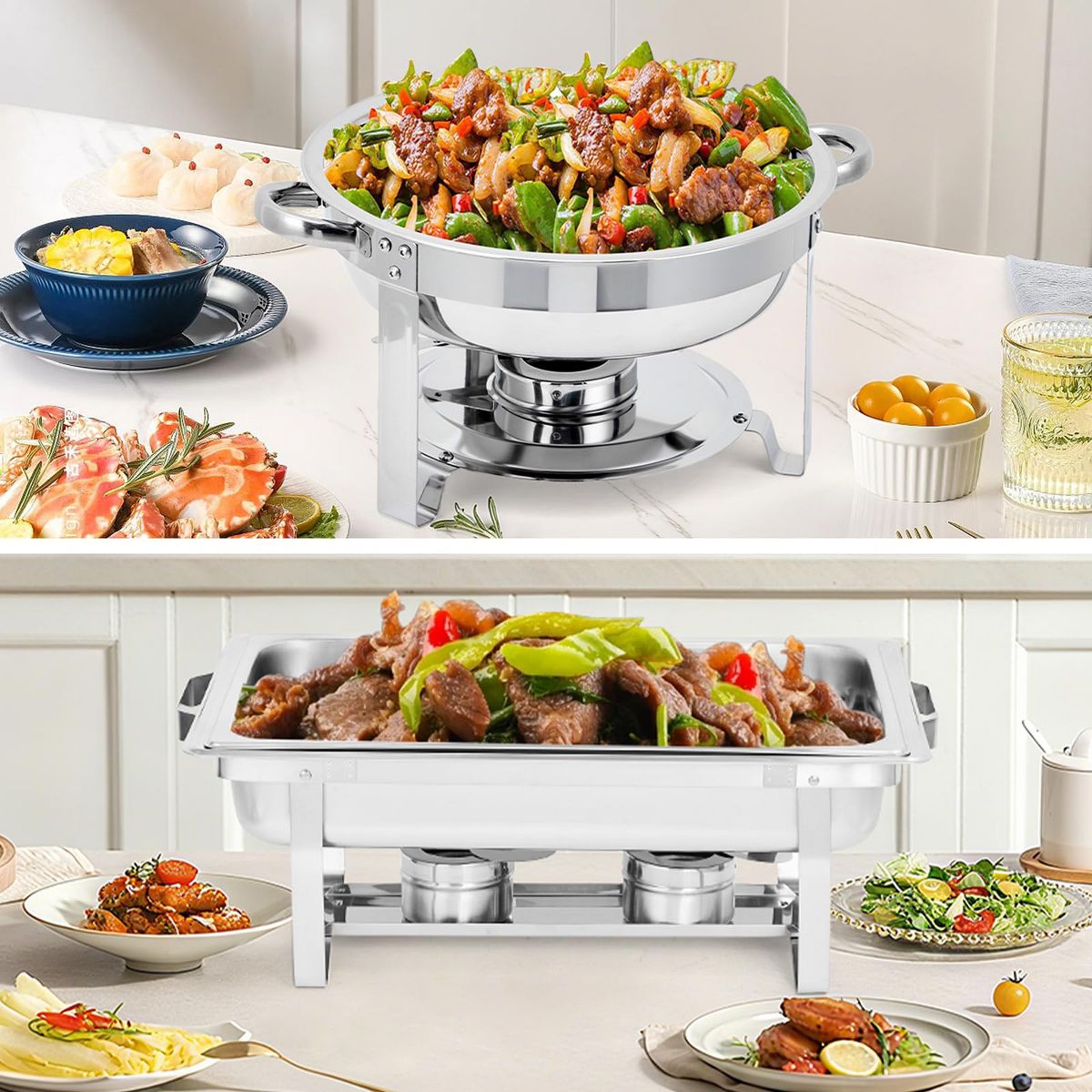 8 Pack Stainless Steel Chafing Dish Set, Includes 8 Qt Rectangle & 5 Qt Round Catering Chafers with Lids, Buffet Food Warmers for Weddings & Events - thumbnail 2