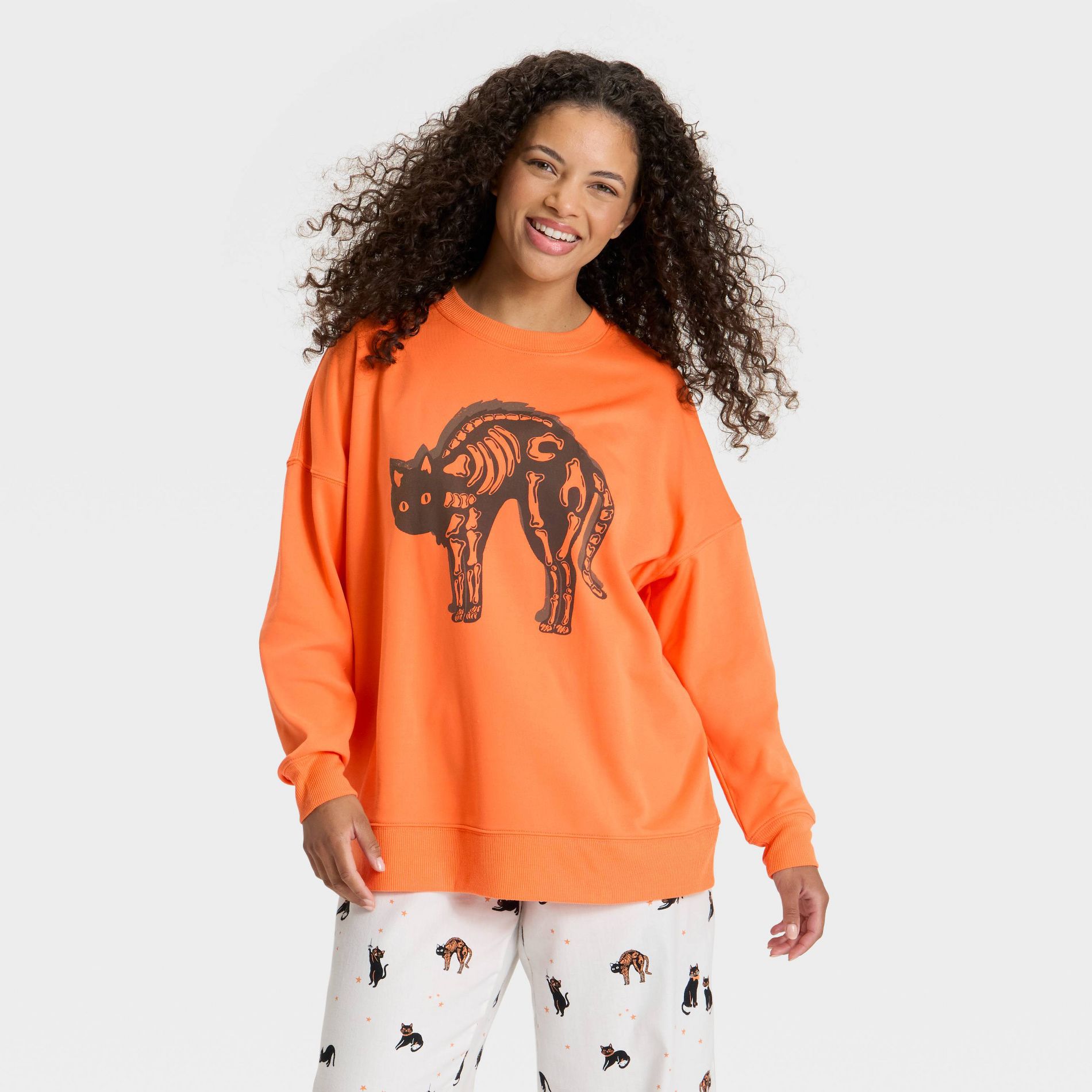 Women's Halloween Skeleton Black Cat Fleece Pajama Sweatshirt - Hyde and EEK! Boutique™ Orange S