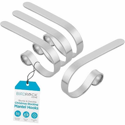 BIRDROCK HOME Christmas Stocking Mantel Hooks - Holds Up to 10 lbs - Ideal for Hanging Stockings & Holiday Decor - 4 Pack, Mantel Hooks (Royal Silver)
