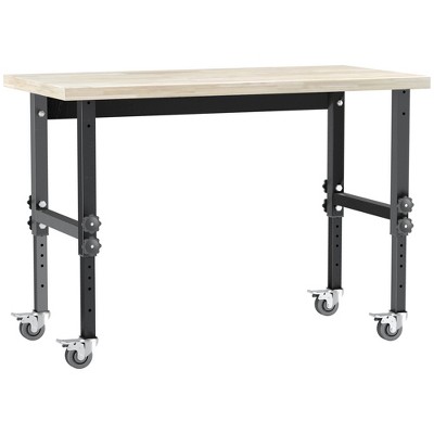 HOMCOM Work Bench with Height Adjustable Legs, Bamboo Tabletop Workstation Tool Table on Wheels for Garage, Weight Capacity 1320 Lbs