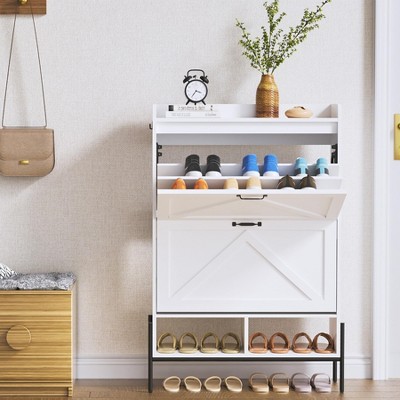 Shoe Cabinet with 2 Flip Drawers – Narrow Freestanding Shoe Organizer with Dry & Wet Separation, Metal Legs