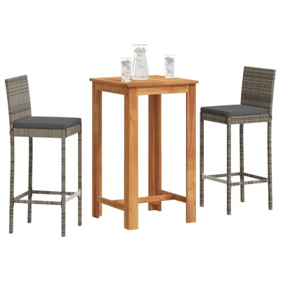 vidaXL 3-Piece Patio Bar Set - Gray PE Rattan Bar Stools, Solid Acacia Wood Table, Removable Cushions for Garden & Outdoor Use