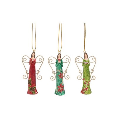 Transpac Resin Poinsettia Dress Angel Ornament Set of 3 Christmas Home Decorations