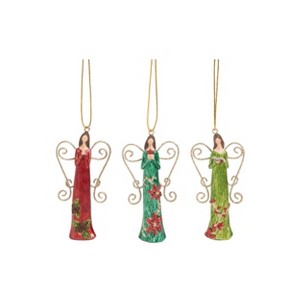 Transpac Resin Poinsettia Dress Angel Ornament Set of 3 Christmas Home Decorations - 1 of 1
