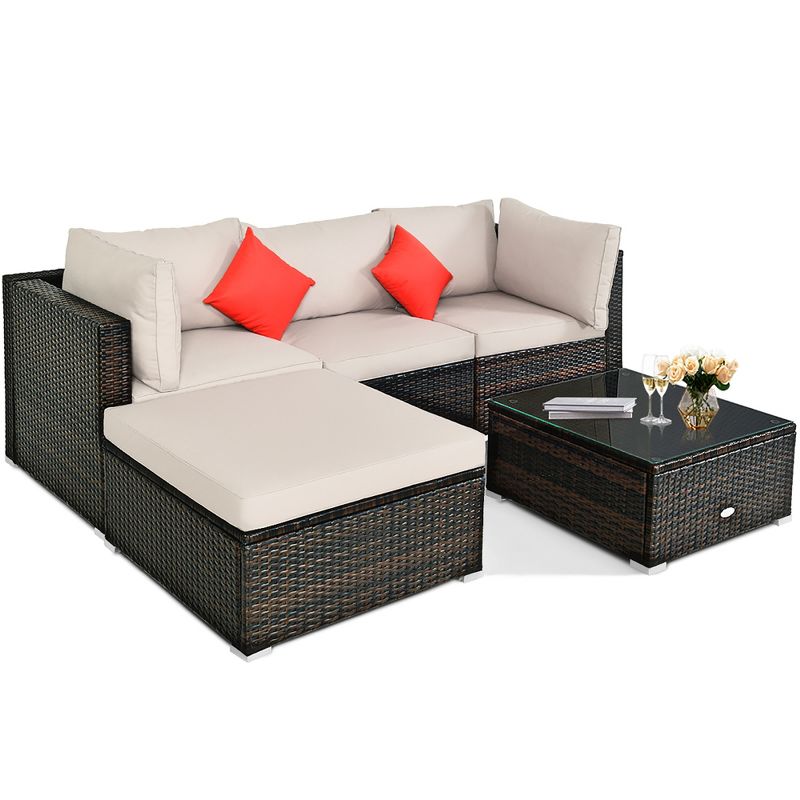 Costway 5PCS Outdoor Patio Rattan Furniture Set Sectional Conversation W/Beige Cushion, 4 of 10