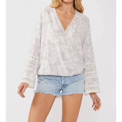 Women's Floral Challis Surplice Top With Lace Trumpet Sleeve - LOVESTITCH