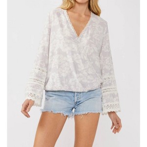 Women's Floral Challis Surplice Top With Lace Trumpet Sleeve - LOVESTITCH - 1 of 4