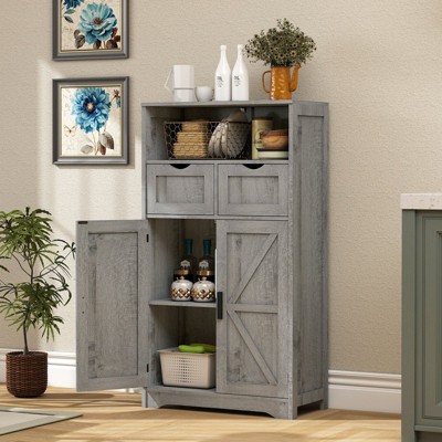 USIKEY Bathroom Cabinet, Storage Cabinet with 2 Adjustable Drawers & Barn Doors, Standing Cupboard with 2 Shelf for Living Room, Home Office, Gray