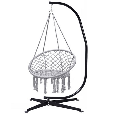 Outsunny 2-Person Hammock Chair Macrame Swing with Soft Cushion Hanging Cotton Rope Chair for Indoor Outdoor Home Patio Backyard Grey, Light Grey