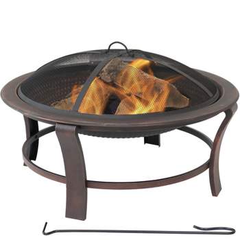 Sunnydaze Outdoor Portable Camping or Backyard Elevated Round Fire Pit Bowl with Stand, Spark Screen, Wood Grate, and Log Poker - 29" - Bronze