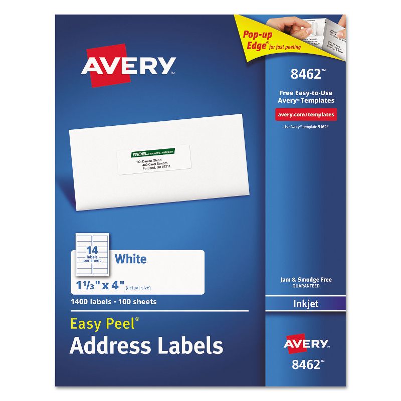 Avery Easy Peel Mailing Address Labels Inkjet 1 1/3 x 4 White 1400/Box 8462, 1 of 10
