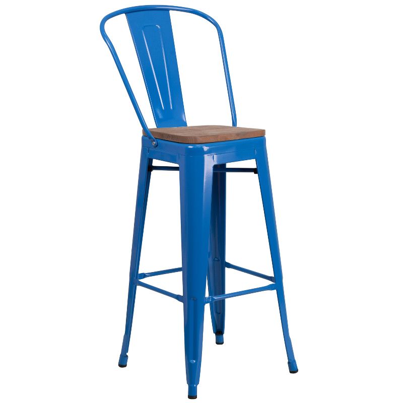 Merrick Lane Metal Dining Stool with Curved Slatted Back and Textured Wood Seat, 1 of 10