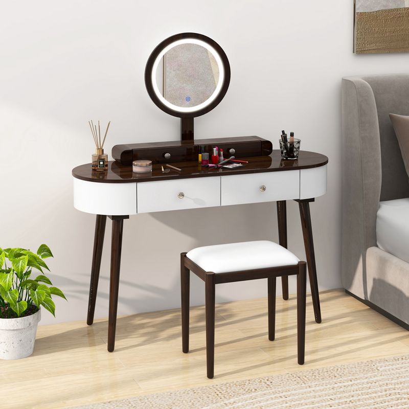 Costway Solid Wood Makeup Vanity Desk Set with LED Lighted Mirror Drawers Cushioned Stool White + Brown/Black + Brown/White + Black/White + Natural, 1 of 11