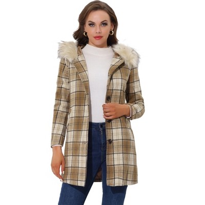 INSPIRE CHIC Women's Winter Thick Button Front Pockets Check Plaid Coat with Fluffy Hood