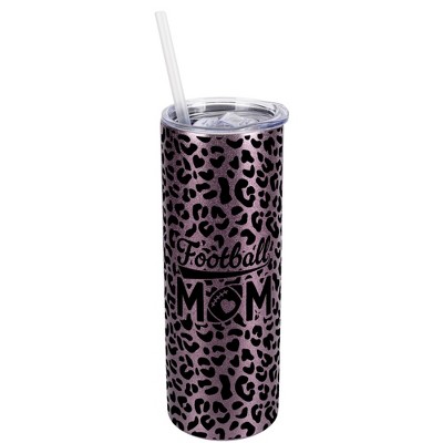 Elanze Designs Leopard Print Rose Gold 20 Ounce Double Wall Stainless Steel Glitter Travel Tumbler With Sliding Lid And Straw, Football Mom