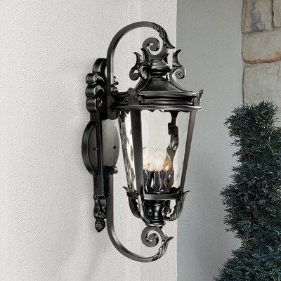 Textured Black Mediterranean Outdoor Wall Light with Clear Hammered Glass