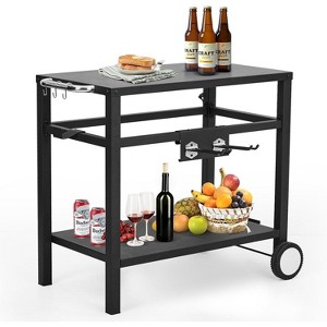 Outdoor BBQ Prep Table with Wheels, 2 Shelf Mobile Grill Cart with Hooks, Iron/Stainless Steel Top Options - 1 of 4