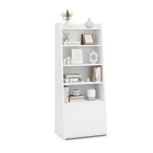 Yukimo 6-Tier Bookcase, Freestanding Ladder Bookshelf with 2 Adjustable Shelves and Flip Up Door, 19" x 13" x 47", White/Natural - 1 of 4