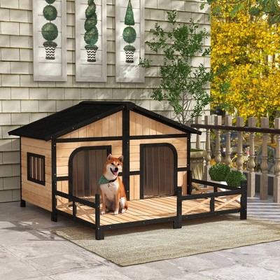 Large Natural Wood Cabin Style Dog House with Porch