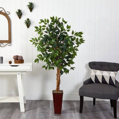 4-Foot Green Silk Ficus Tree in Black Pot