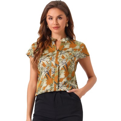 INSPIRE CHIC Women's Satin Stand Collar Work Cap Sleeve Floral Blouse