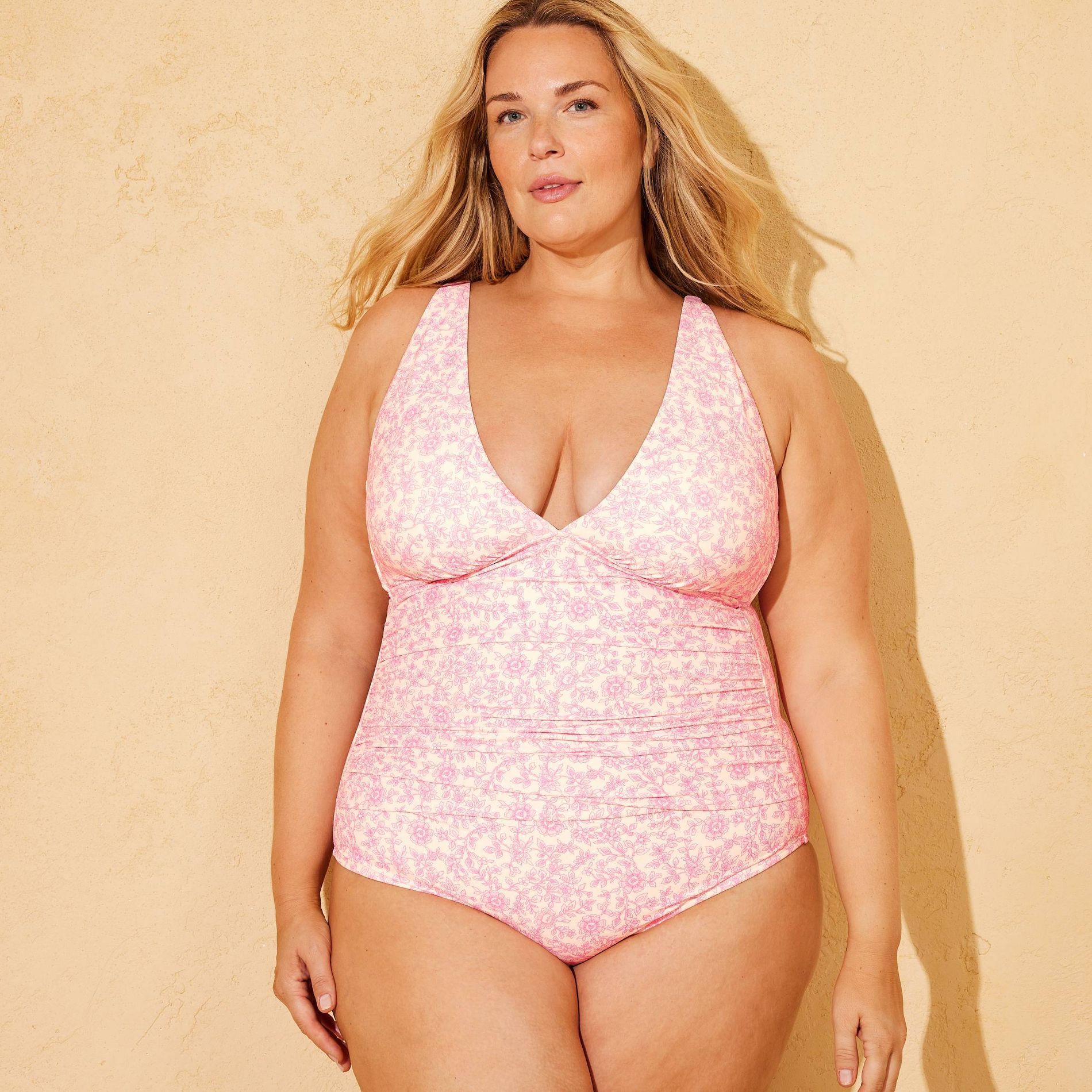 Women's Paisley Plunge Front Shirred Regular Leg Medium Coverage One Piece Swimsuit - Shade & Shore™ Pink