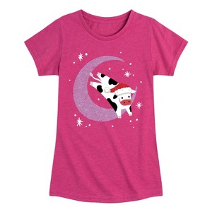 Girls' - Instant Message - Christmas Santa Cow Jumping Over Moon Fitted Short Sleeve Graphic T-Shirt - 1 of 4