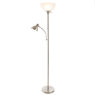 Hastings Home Torchiere Floor Lamp with Reading Light, Sturdy Metal Base, Marbleized White Glass Shade, and LED Bulbs Included - Satin Nickel