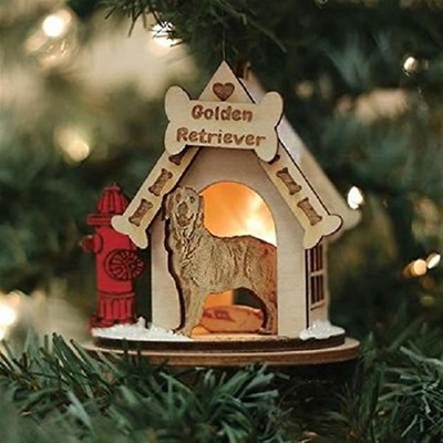 Golden Retriever Wooden Doghouse Christmas Ornament with Light