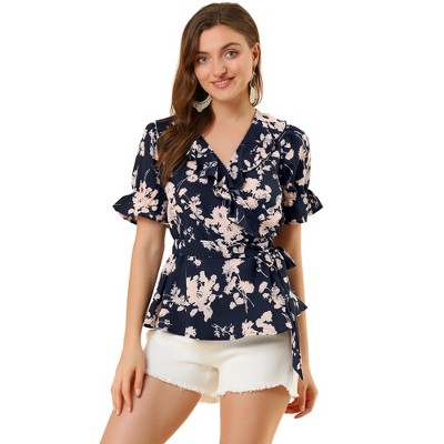 INSPIRE CHIC Women's Floral V Neck Tie Waist Short Sleeve Belted Ruffle Wrap Shirt