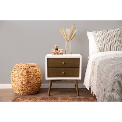 Palma Mid-Century Modern 2-Drawer Warm White/Walnut Nightstand with USB Port