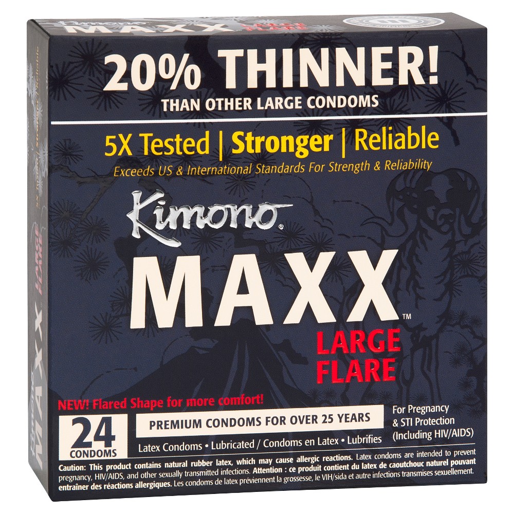 GTIN 016169030246 product image for Kimono Maxx Large Flare Thinner Condoms - 24 Count | upcitemdb.com